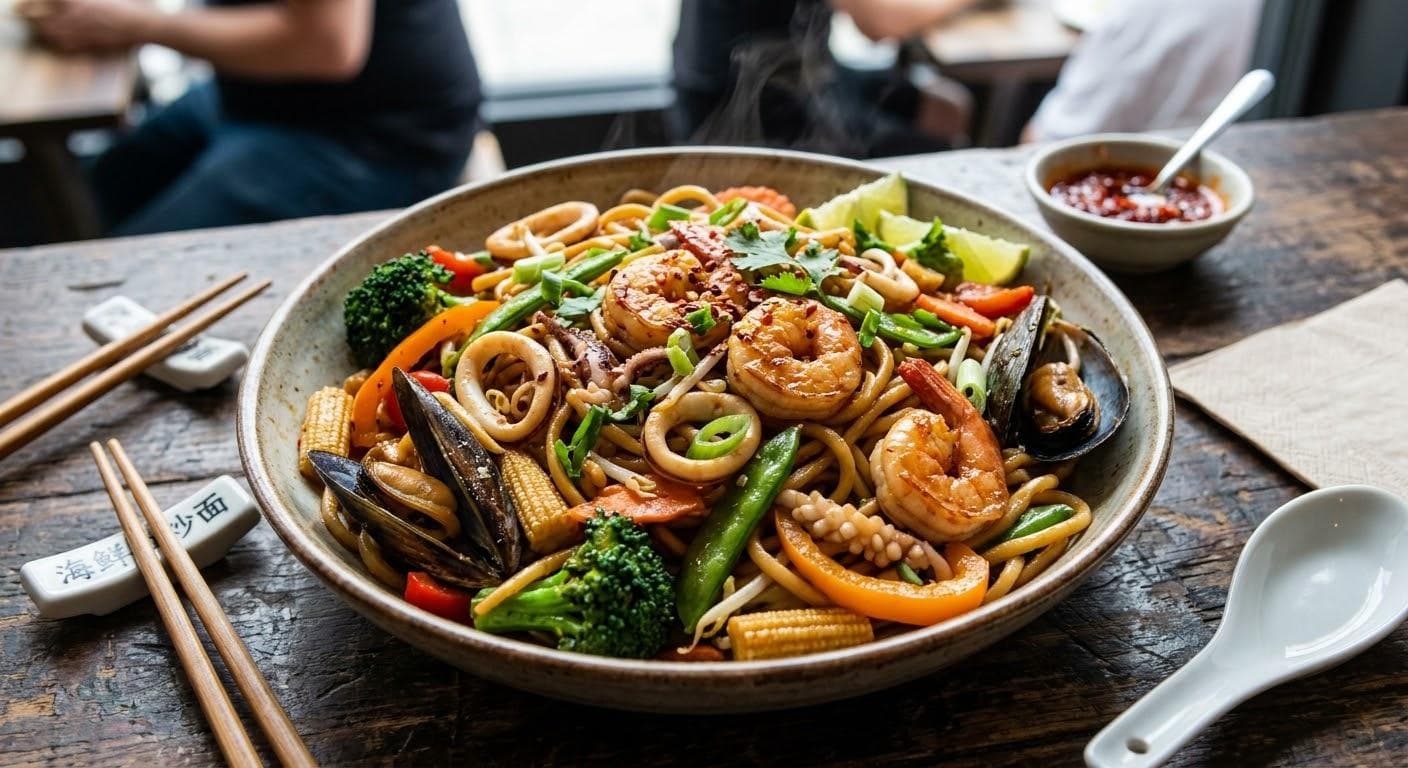 Tallarines salteado de mariscos